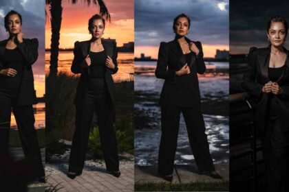 Sheena Chohan, Sheena Chohan photoshoot, Florida coastline photoshoot, Sheena Chohan black pantsuit, Indian actress international photoshoot, Neant outfit, celebrity fashion, Sheena Chohan latest pictures, Bollywood actress style, Luke Ayers photography