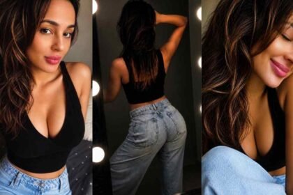 Seerat Kapoor, Seerat Kapoor fashion, street style, baggy denim look, black bralette outfit, casual celebrity style, effortless dressing