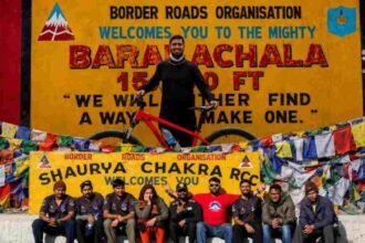 Cyclist Takshil Thakkar receiving felicitation from the Indian Army after completing the Manali to Leh expedition.