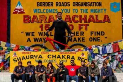 Cyclist Takshil Thakkar receiving felicitation from the Indian Army after completing the Manali to Leh expedition.
