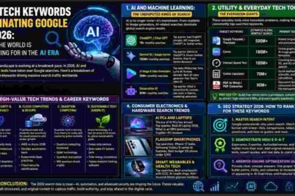 Top Tech Keywords 2026, Most Searched Technology Terms Google, Tech Search Trends,ChatGPT search volume, Google Gemini search, Generative AI trends 2026, Tech SEO strategy 2026, highest CPC tech keywords, tech blogging ideas