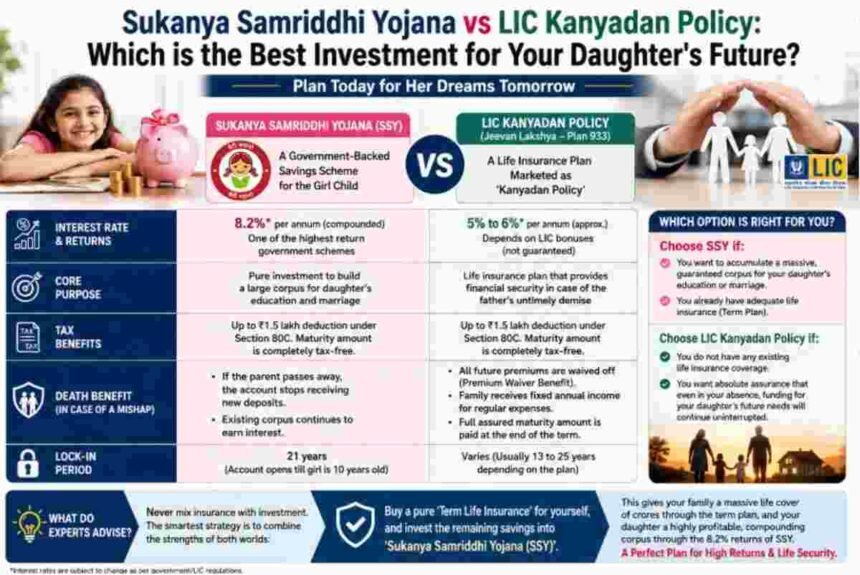 Sukanya Samriddhi Yojana vs LIC Kanyadan Policy, SSY vs LIC Kanyadan, Best investment for girl child in India, LIC Jeevan Lakshya Plan 933, SSY interest rate 2026, LIC policy for daughter's marriage, Girl child tax saving schemes, Sukanya Samriddhi Yojana benefits, Term insurance and SSY strategy, Difference between SSY and LICSukanya Samriddhi Yojana vs LIC Kanyadan Policy, SSY vs LIC Kanyadan, Best investment for girl child in India, LIC Jeevan Lakshya Plan 933, SSY interest rate 2026, LIC policy for daughter's marriage, Girl child tax saving schemes, Sukanya Samriddhi Yojana benefits, Term insurance and SSY strategy, Difference between SSY and LIC