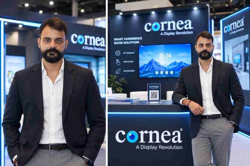 Cornea AI-driven interactive flat panel and smart display setup showcased at InfoComm India 2026
