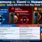 Samsung Galaxy S26 Ultra, Xiaomi 18 Pro and Huawei Mate XT 2 side by side comparing built-in privacy display screens