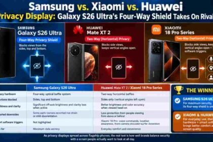 Samsung Galaxy S26 Ultra, Xiaomi 18 Pro and Huawei Mate XT 2 side by side comparing built-in privacy display screens