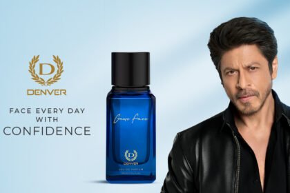 100ml bottle of Denver Game Face Eau de Parfum from the Vibe Collection on a sleek display