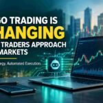 Infographic illustrating trader-controlled algo trading where a trader manages strategy while software handles automated market execution.