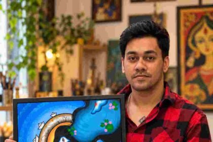 Artist Kaanha's Krishnangik art style blending Japanese anime, Jamini Roy-inspired forms and traditional Indian Patachitra.